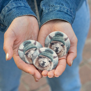 Adorable alpaca wearing blue beanie customisable  7.5 cm round badge