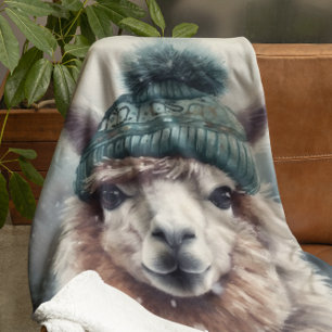 Adorable alpaca wearing blue beanie, customisable  fleece blanket