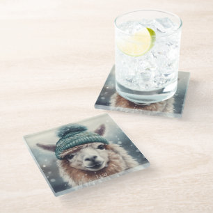Adorable alpaca wearing blue beanie customisable glass coaster