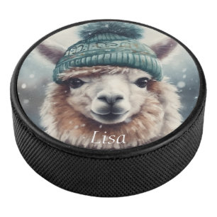 Adorable alpaca wearing blue beanie, customisable  hockey puck