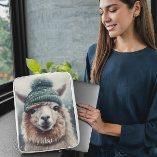 Adorable alpaca wearing blue beanie  laptop sleeve