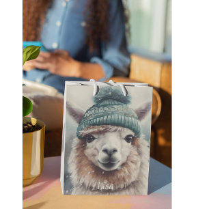 Adorable alpaca wearing blue beanie medium gift bag