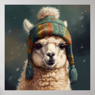 Adorable alpaca wearing cute Bolivian beanie  Poster