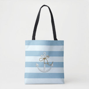 Adorable Anchor on Light Blue and White Stripes Tote Bag
