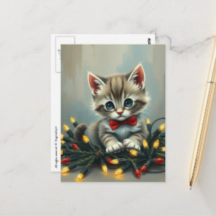 Adorable and Cute Christmas Kitten With Lights Postcard