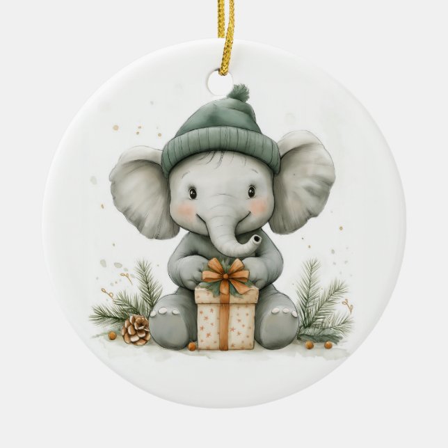 Adorable Animal Christmas Series Baby Elephant Ceramic Ornament (Front)