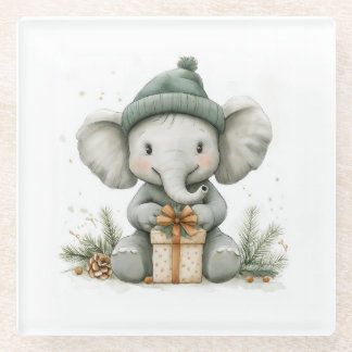 Adorable Animal Christmas Series Baby Elephant Glass Coaster