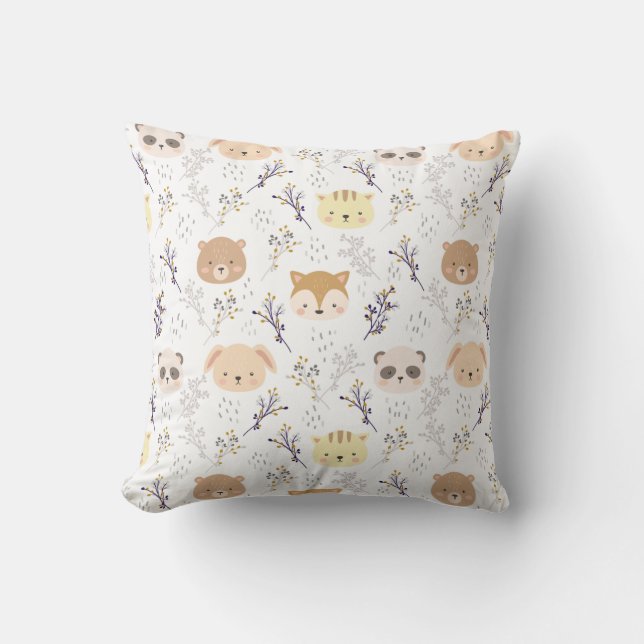 Adorable Animal Head And Floral Pattern Cushion (Front)