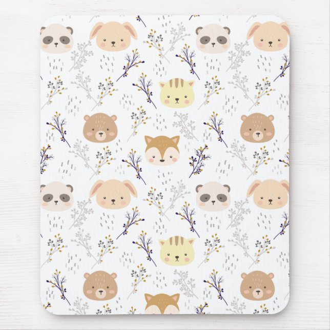 Adorable Animal Head And Floral Pattern Mouse Pad (Front)