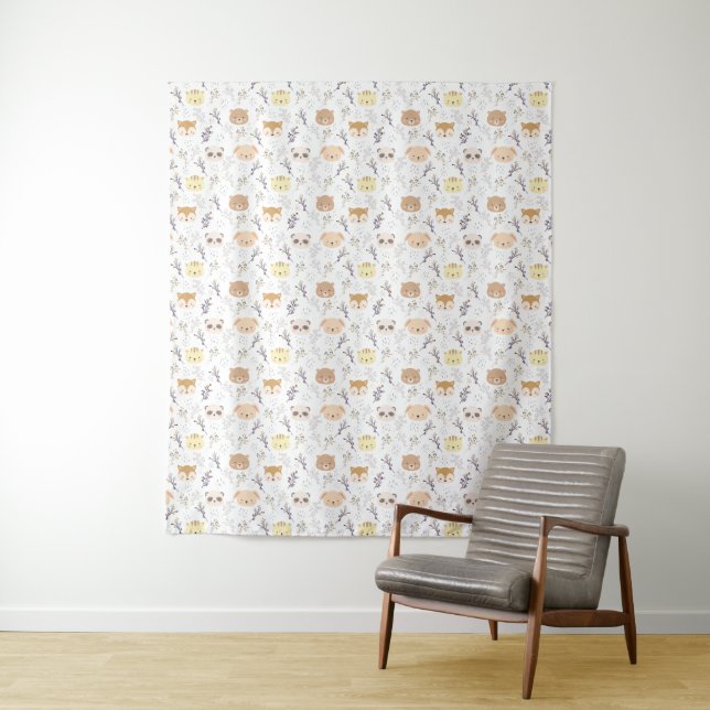 Adorable Animal Head And Floral Pattern Tapestry (In Situ)