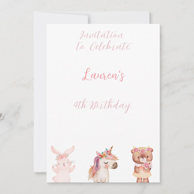 Adorable "Animals" 4th Birthday  Invitation (Front)