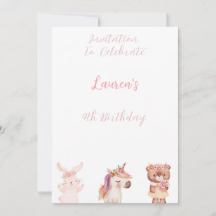Adorable "Animals" 4th Birthday Invitation