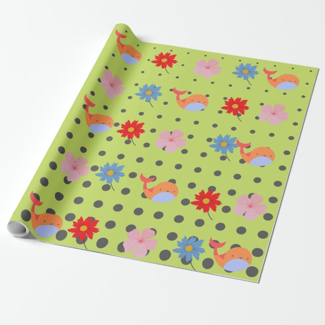 Adorable animals and flowers green party wrapping paper (Unrolled)