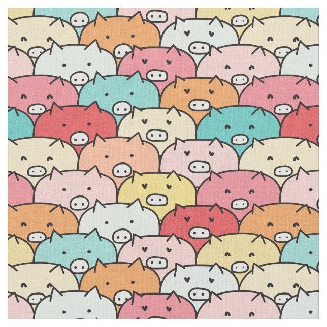 Adorable animals pattern for kids l Pink pigs blue Fabric (Close Up)