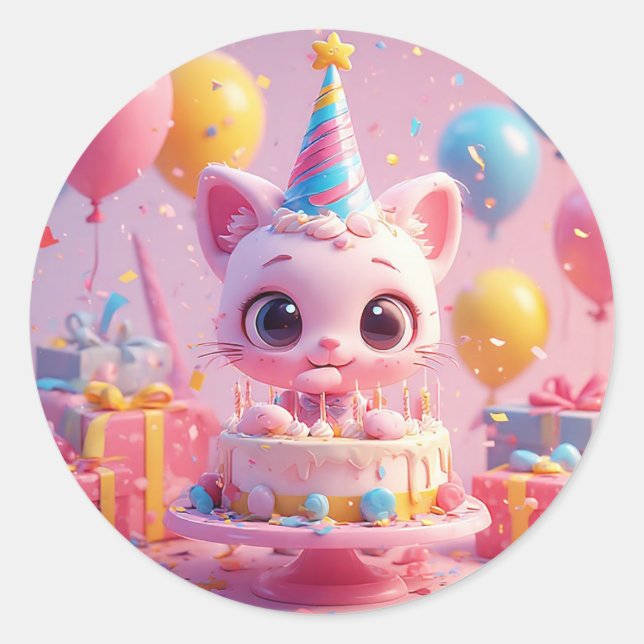 Adorable Animated Cat Celebrating a Birthday Party Classic Round Sticker (Front)