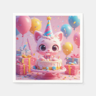 Adorable Animated Cat Celebrating a Birthday Party Napkin