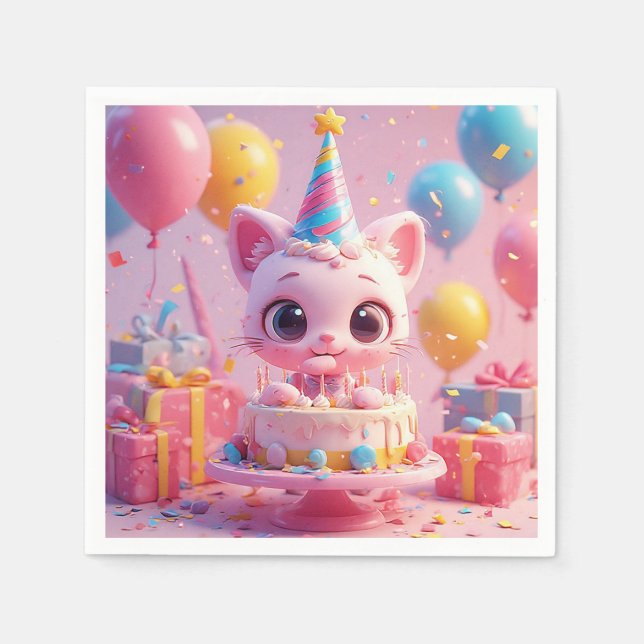 Adorable Animated Cat Celebrating a Birthday Party Napkin (Front)