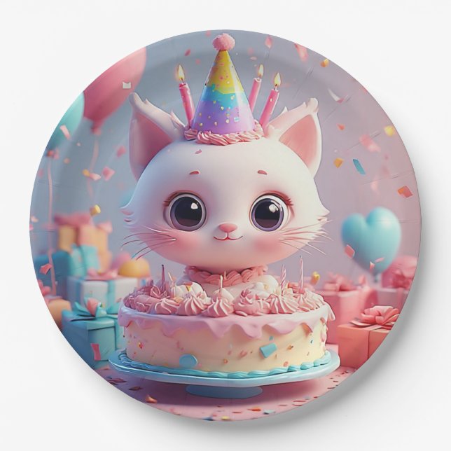 Adorable Animated Cat Celebrating a Birthday Party Paper Plate (Front)
