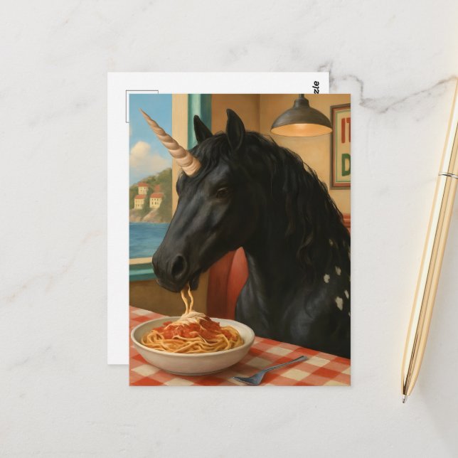 Adorable Appaloosa Unicorn Eating Pasta Postcard (Front/Back In Situ)