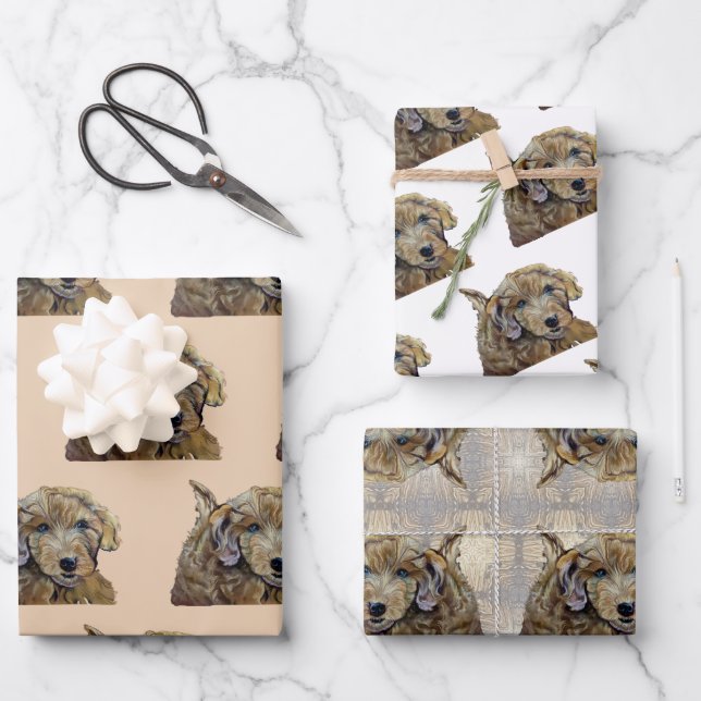 Adorable Apricot Goldendoodle Puppy Pastel Drawing Wrapping Paper Sheet (Front)