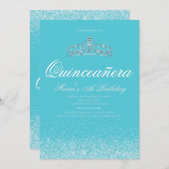 Adorable Aqua Glitter, Quinceanera Invitations (Front/Back)