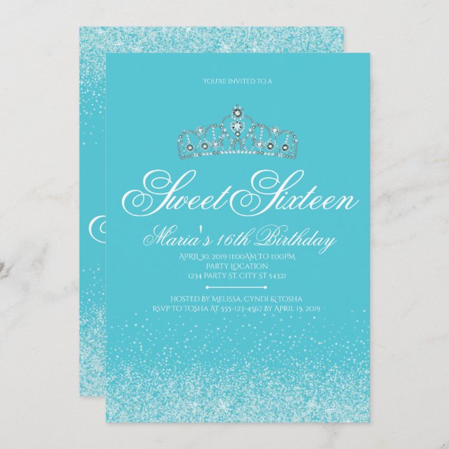 Adorable Aqua Glitter, Sweet 16 Invitations (Front/Back)