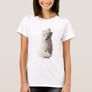 Adorable Arctic Fox Wearing a Knitted Beanie T-Shirt