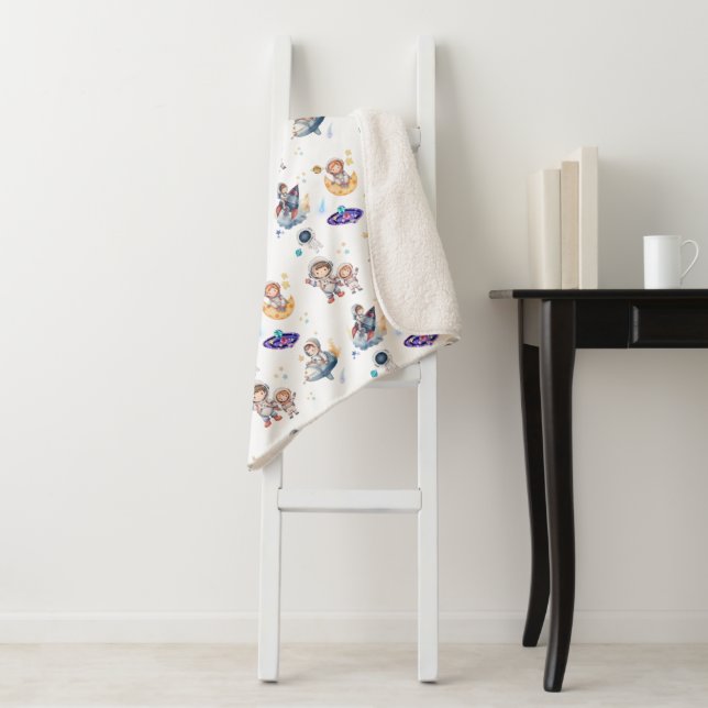 Adorable Astronaut & Planet Sherpa Baby Blanket (In Situ)