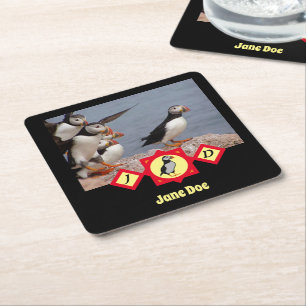 Adorable Atlantic Puffin Cartoon Monogram Photo Square Paper Coaster
