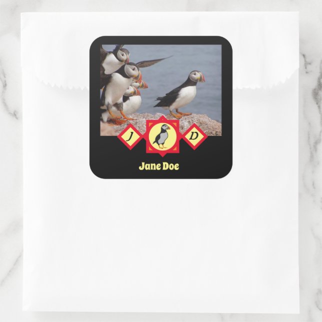 Adorable Atlantic Puffin Cartoon Monogram Photo Square Sticker (Bag)