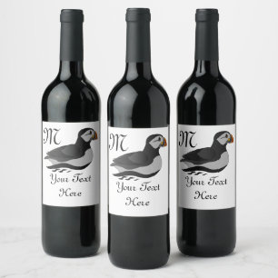 Adorable Atlantic Puffin Swimming Cartoon Wine Label