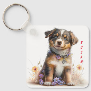 Adorable Australian Shepherd Puppy Dog Key Ring