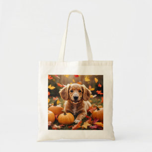Adorable Autumn Puppy Dog with Pumpkins Tote Bag