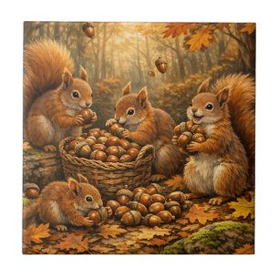 Adorable Autumn Squirrels Acorn Feast Ceramic Tile