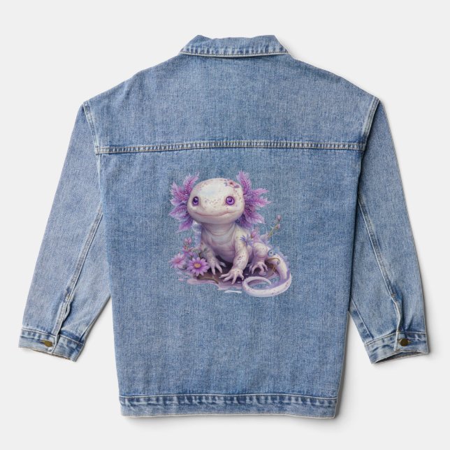 Adorable Axolotl Character with Summer Text Design Denim Jacket (Back)
