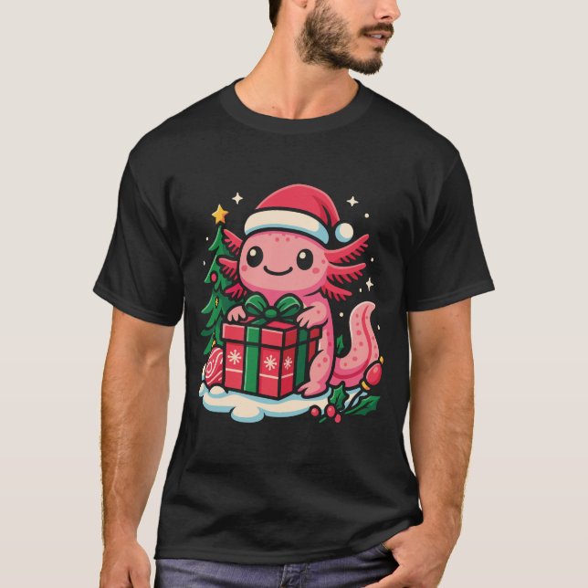 Adorable Axolotl Wearing a Santa Hat Holding a Chr T-Shirt (Front)