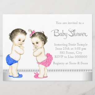 Adorable Babies Pink and Blue Twin Baby Shower Invitation