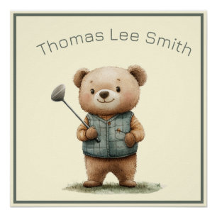 Adorable Baby Bear Golfer Nursery Poster