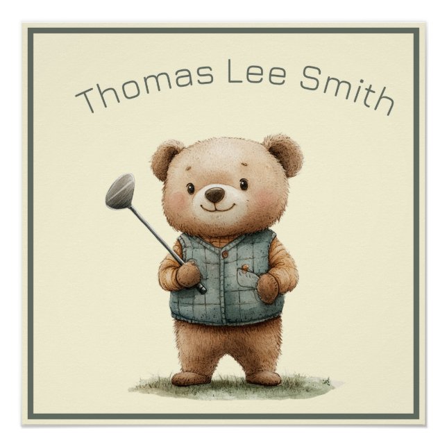 Adorable Baby Bear Golfer Nursery Poster (Front)
