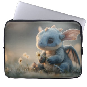 Adorable Baby Blue Dragon Holding a Daisy Laptop Sleeve