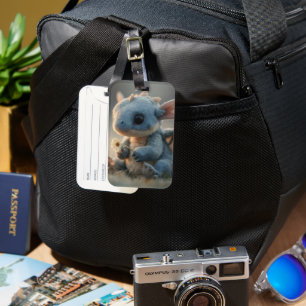 Adorable Baby Blue Dragon Holding a Daisy Luggage Tag