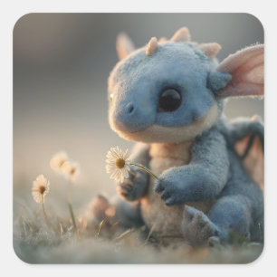 Adorable Baby Blue Dragon Holding a Daisy Square Sticker