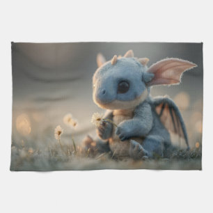 Adorable Baby Blue Dragon Holding a Daisy  Tea Towel