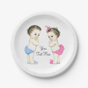 Adorable Baby Boy and Girl Twin Baby Shower Paper Plate
