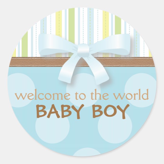 Adorable Baby Boy Stripes + Dots Blue Green w Bow Classic Round Sticker (Front)