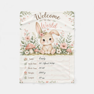 Adorable Baby Bunny Design with Birth Details Fiel Fleece Blanket