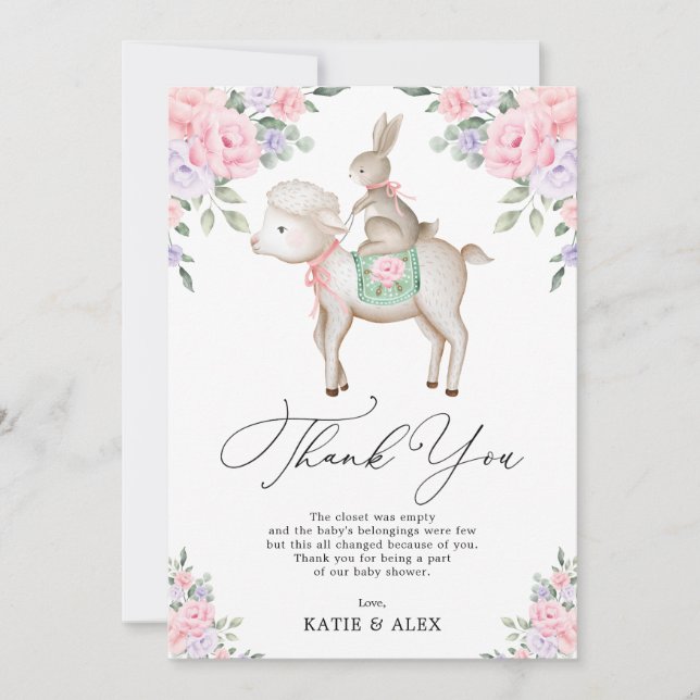 Adorable Baby Bunny & Lamb Pink Purple Flowers Thank You Card (Front)