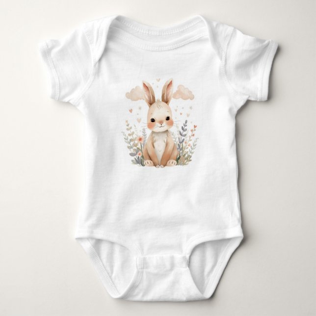 Adorable Baby Bunny Pastel Watercolor Wildflower Baby Bodysuit (Front)