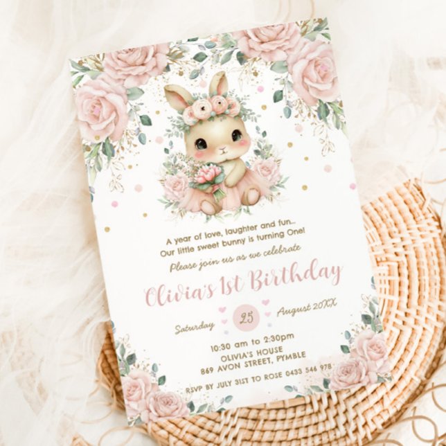 Adorable Baby Bunny Rabbit Blush 1st 2nd Birthday Invitation (Creator Uploaded)