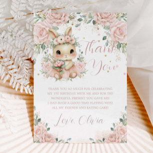 Adorable Baby Bunny Rabbit Blush 1st 2nd Birthday Thank You Card